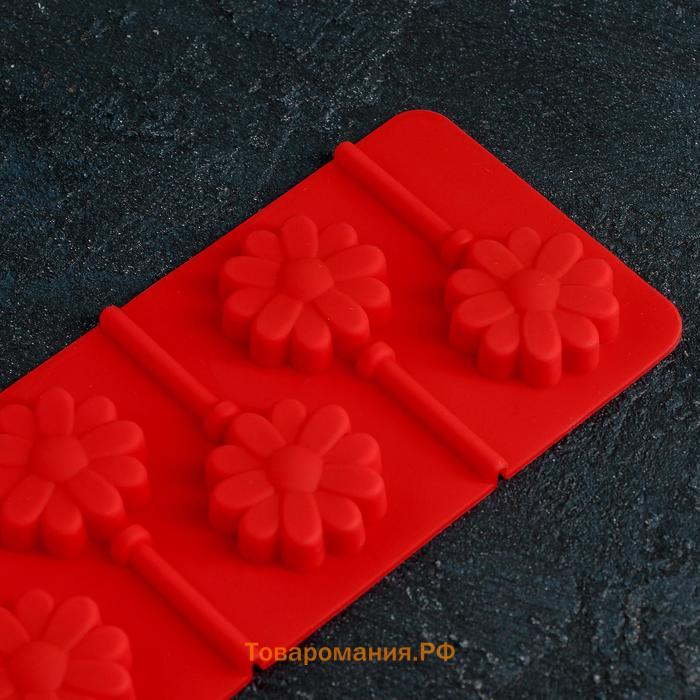 Форма для леденцов «Ромашка», силикон, 9,5×24×1 см, 6 ячеек (d=3,8 см), с палочками, цвет МИКС