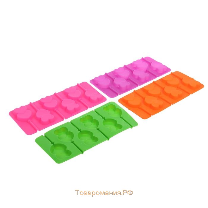 Форма для леденцов «Влюблённость», силикон, 9,5×24×1 см, 6 ячеек (4,2×3,3 см), с палочками, цвет МИКС
