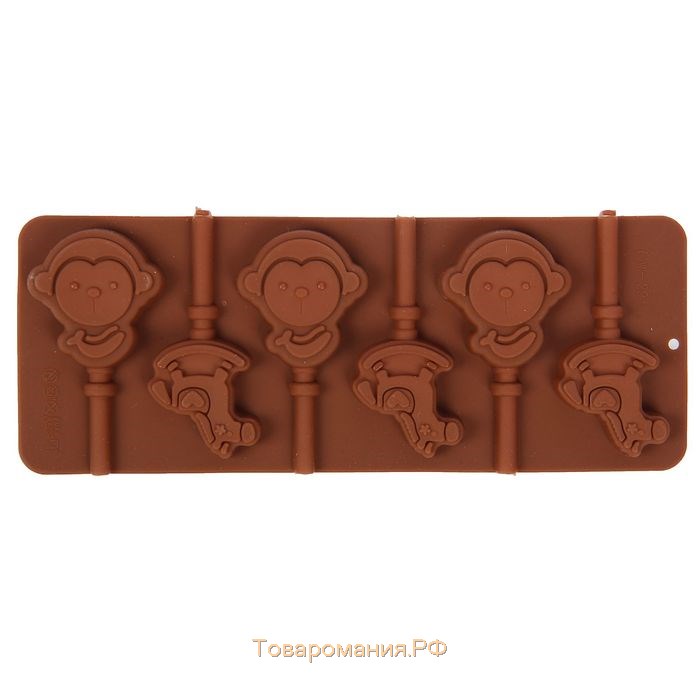 Форма для леденцов «Детство», силикон, 24×9,5 см, 6 ячеек (5×4,6), с палочками, цвет коричневый
