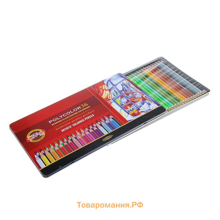 Карандаши художественные 36 цветов, Koh-I-Noor 3825 PolyColor, мягкие, в металлическом пенале