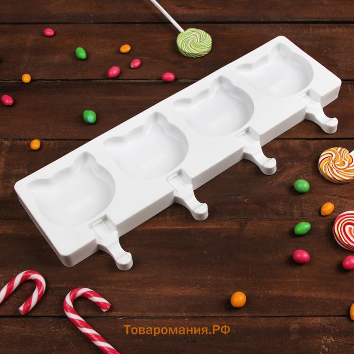 Форма для мороженого «Коты», силикон, 38×14.5×2.5 см, 4 ячейки, МИКС