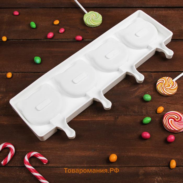 Форма для мороженого «Коты», силикон, 38×14.5×2.5 см, 4 ячейки, МИКС