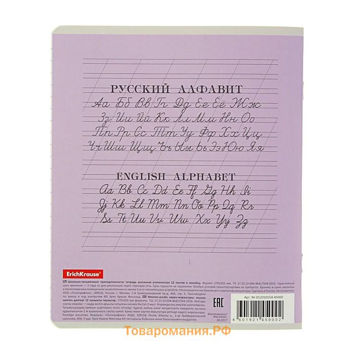 Тетрадь 12 листов в линейку ErichKrause «Классика», обложка мелованный картон, блок офсет, белизна 100%, фиолетовая