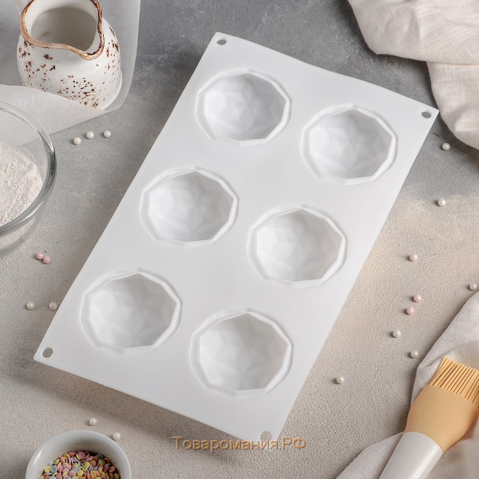 Форма для муссовых десертов и выпечки «Кристалл», 29,5×17×3,5 см, 6 ячеек (d=6,5 см), цвет белый