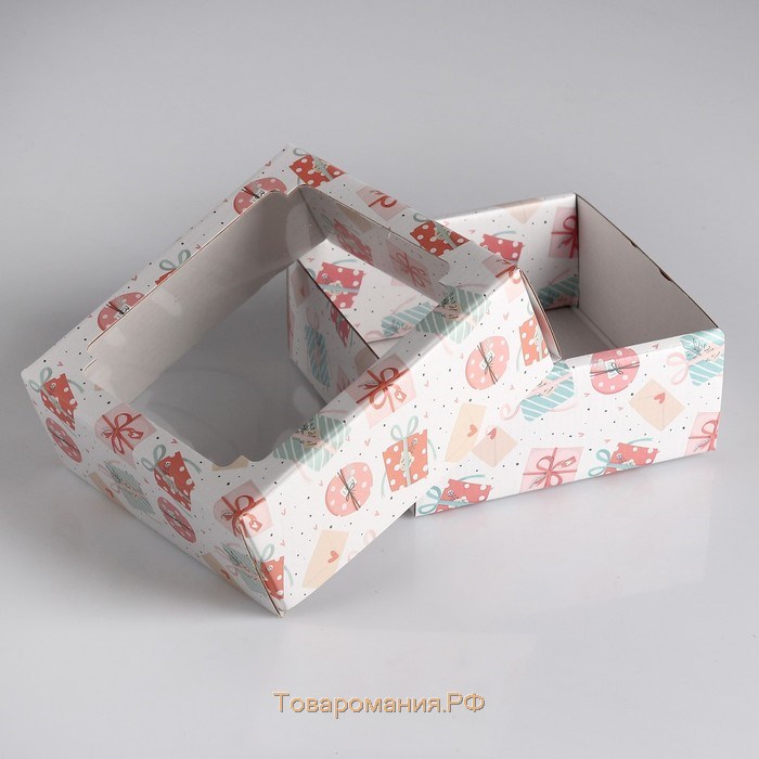 Коробка сборная крышка-дно с окном, "Подарки-бантики", 14,5 х 14,5 х 6 см