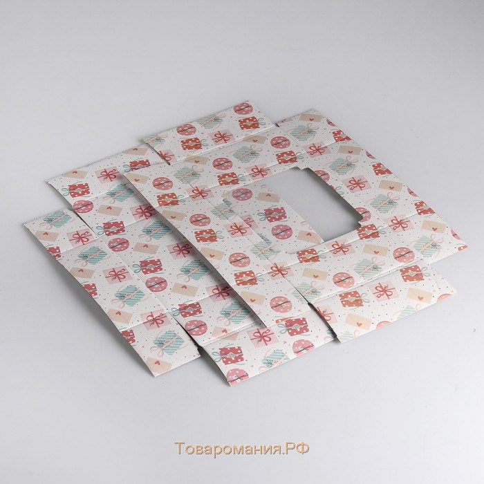 Коробка сборная крышка-дно с окном, "Подарки-бантики", 14,5 х 14,5 х 6 см