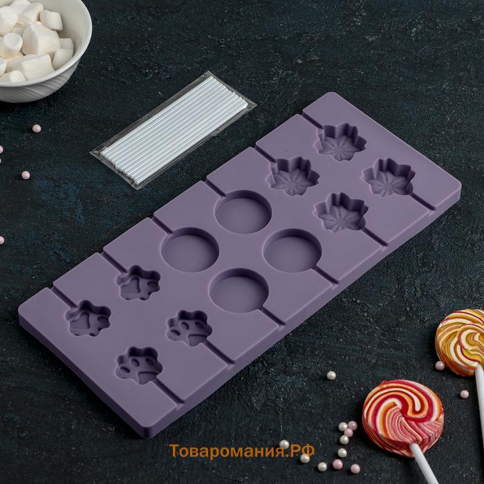 Форма для леденцов  «Вкусная сладость», силикон, 26.5×11.5 см, 12 ячеек (d=3.5 см), с палочками, МИКС
