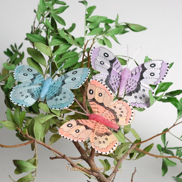 Бабочка для декора и флористики, на прищепке, пластиковая, микс, 1 шт., 5 см и 8 см