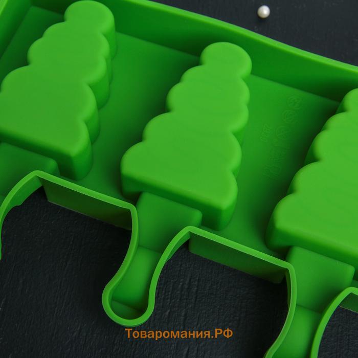 Форма для мороженого новогодняя «Ёлочка», силикон, 19.5×13×2.5 см, 3 ячейки (7.1×2.7 см), белая