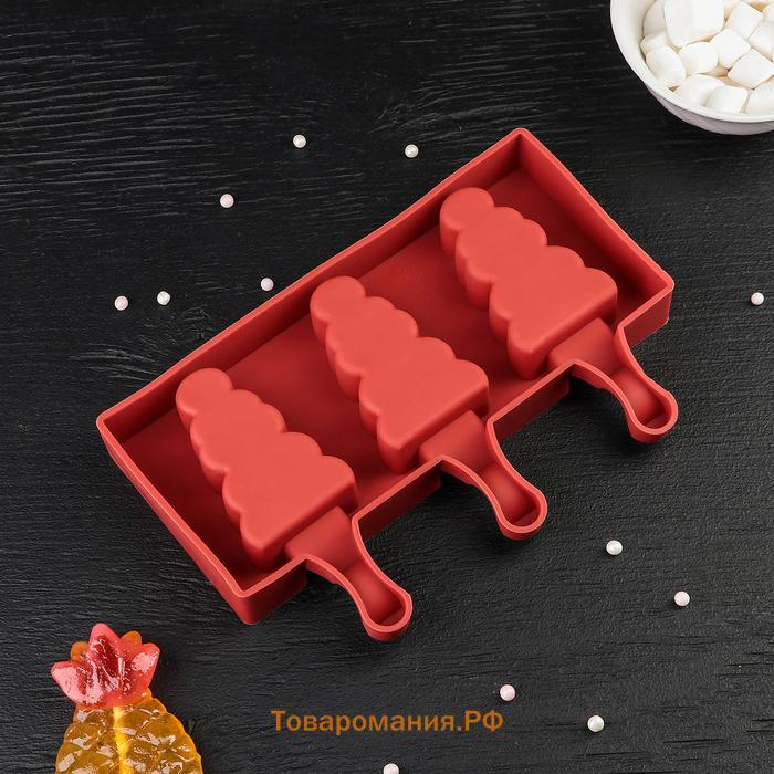 Форма для мороженого новогодняя «Ёлочка», силикон, 19.5×13×2.5 см, 3 ячейки (7.1×2.7 см), белая