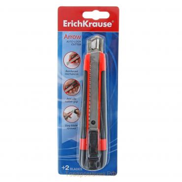 Нож канцелярский 18 мм, Erich Krause ARROW, с автоматической системой фиксации лезвия auto-lock и насадкой для безопасного отделения сегмента лезвия, резиновые вставки, металлические направляющие, 2 лезвия в наборе, блистер