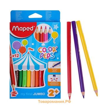 Карандаши трёхгранные, 12 цветов, Maped Color Peps Maxi, утолщённые, европодвес