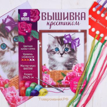 Вышивка крестиком «Котик в корзинке», набор для творчества, 25 х 20 см