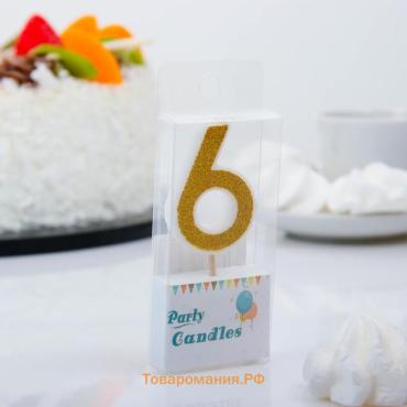 Свеча для торта с блестками «Цифра 6», золотая, 5.2 см