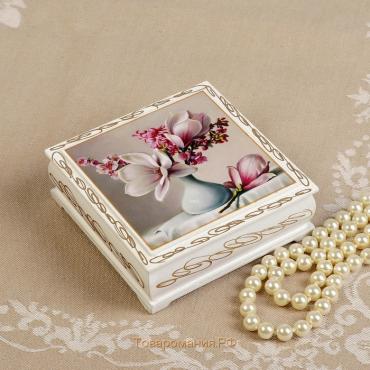 Шкатулка «Цветы в вазочке», белая, 10×10 см, лаковая миниатюра