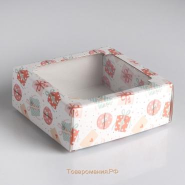 Коробка сборная крышка-дно с окном, "Подарки-бантики", 14,5 х 14,5 х 6 см