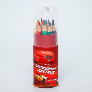 Цветные карандаши в тубусе, 12 цветов, трехгранные, Тачки