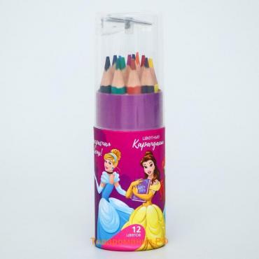 Цветные карандаши в тубусе, 12 цветов, трехгранные, Принцессы